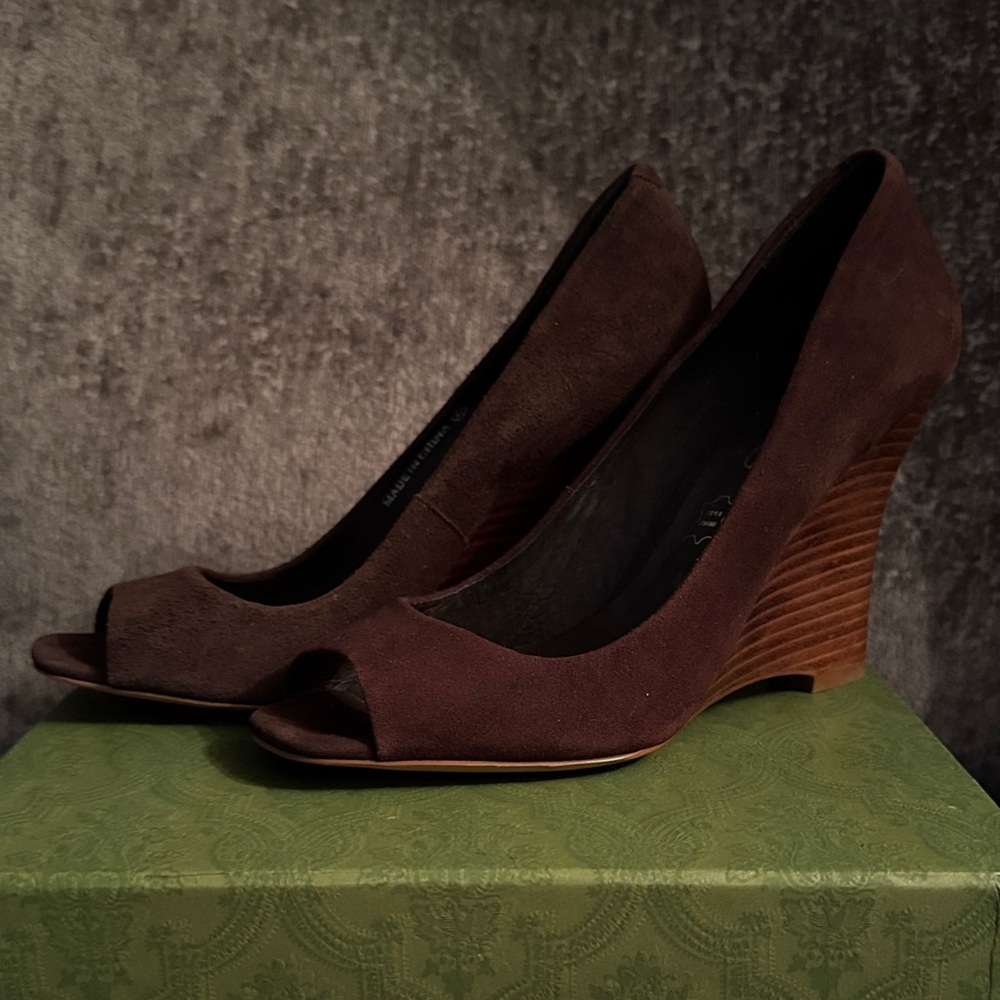 Aldo Brown Genuine Suede Peep-Toe Women’s Wedges